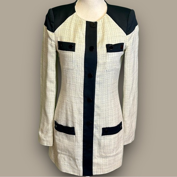 BCBG Paris White & Blue Tweed Oxford Long-Length Snap-Up Pocketed Jacket Size 0 - Picture 12 of 13